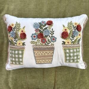 Pier One Embroidered Burlap Ribbon Floral Pots Decorative Pillow 18x12‎ Adorable